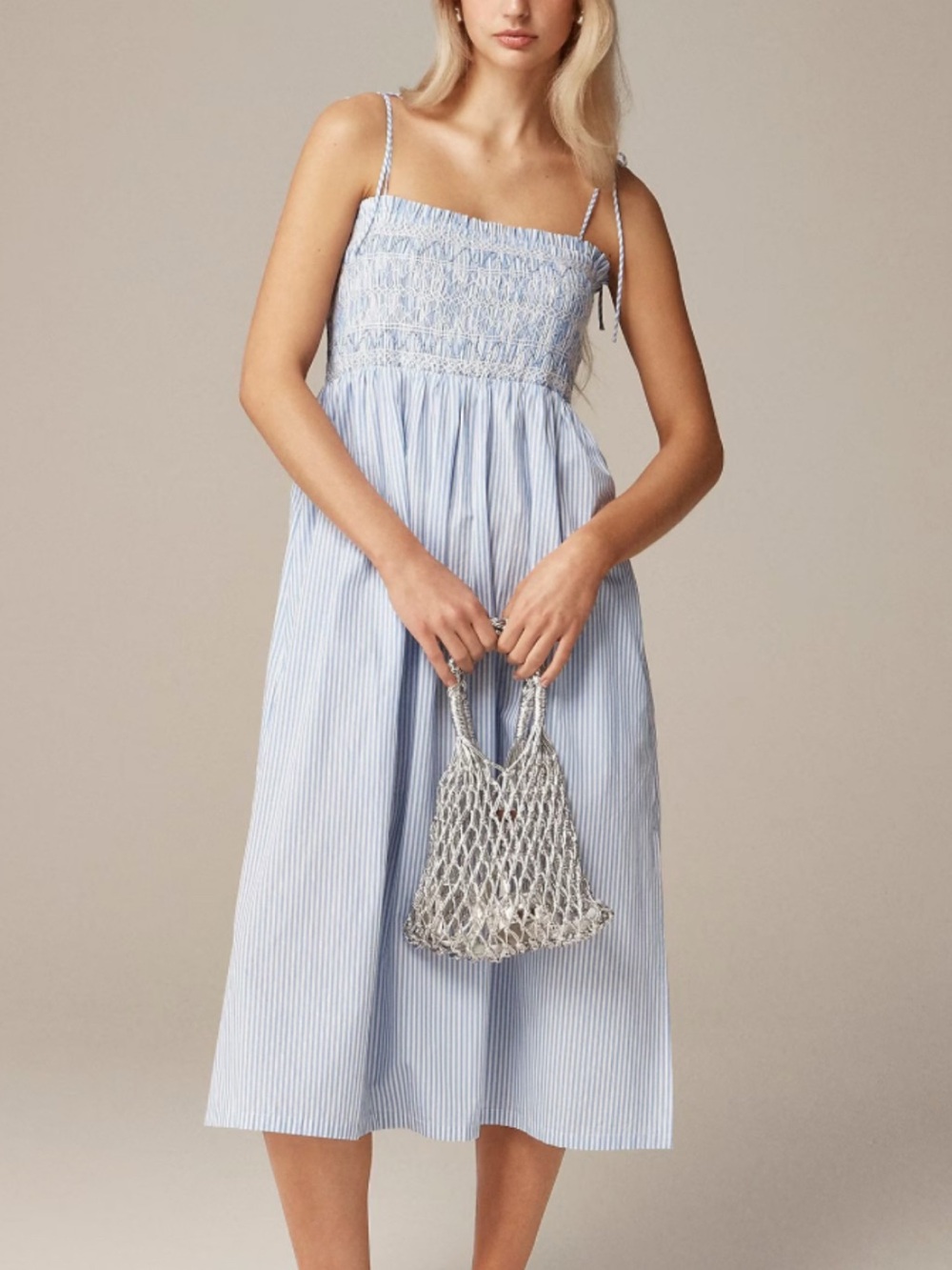 J. Crew Light Blue Striped Smocked Midi Dress